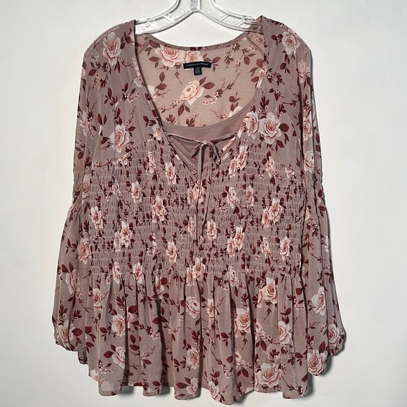 American Eagle Outfitters Tops - AMERICAN EAGLE Peasant Blush Pink/Wine Floral Smock Long SLV Boho/Cottage Top L